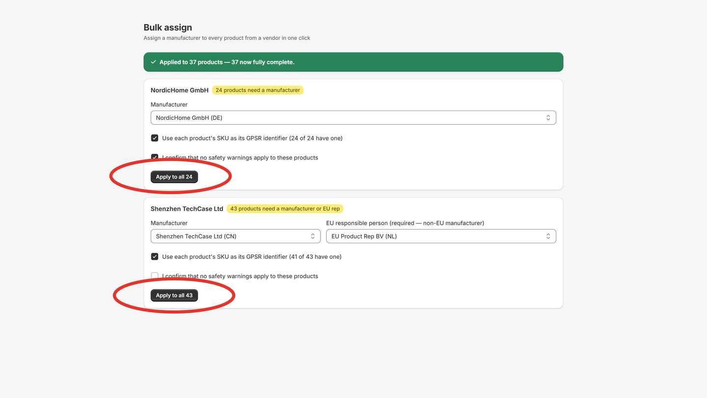 Bulk assign page with the apply buttons circled
