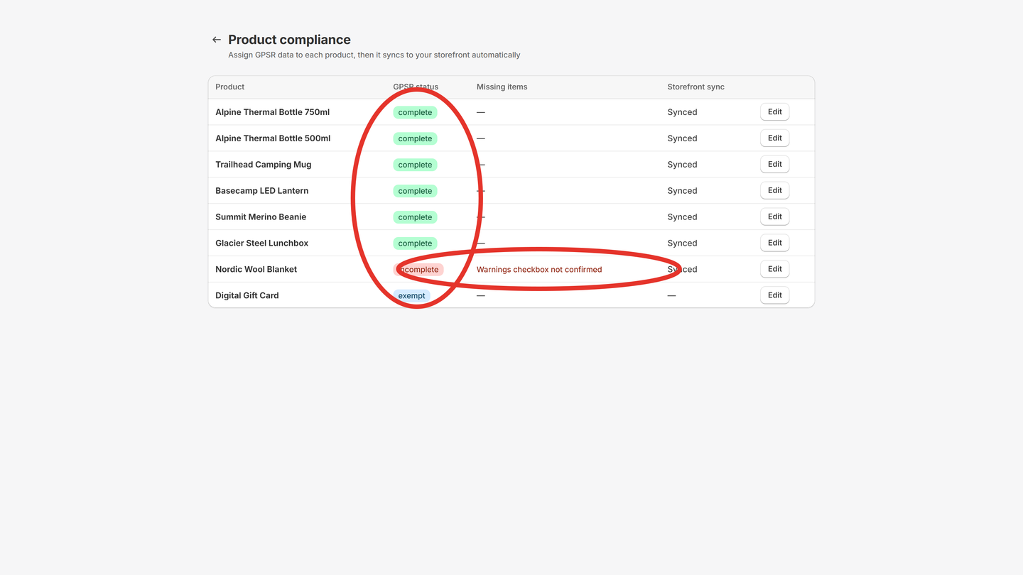 Product list with the status column and a missing-item message circled